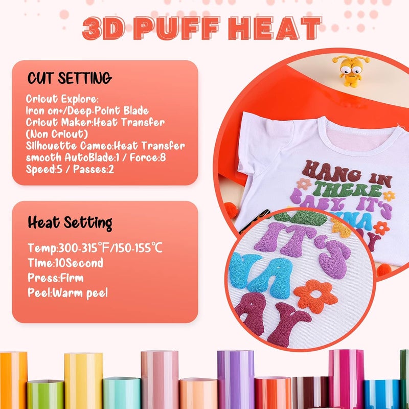 Tintnut Puff Vinyl Heat Transfer - 10inches x 6ft 3D Reddish Orange Puff HTV Roll Heat Transfer Vinyl Foaming Colorful Puffy Iron on Vinyl for T-Shirts DIY Compatible with Cricut or Silhoutte Cameo - Image 5